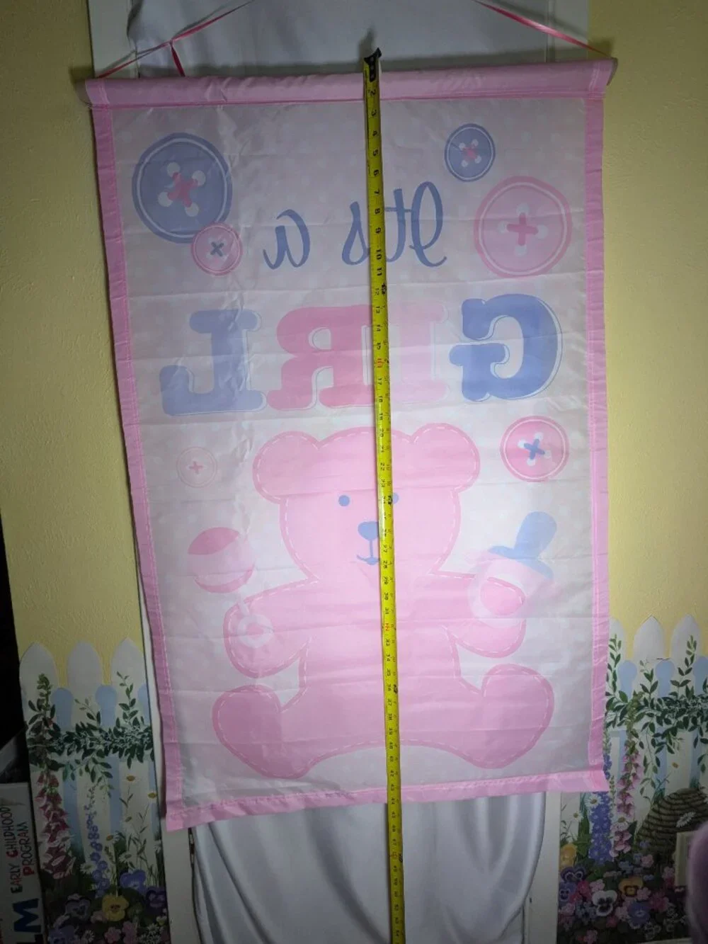 VTG It's A Girl Garden Flag Large Banner Pink Teddy Bear Polka Dot Baby Shower